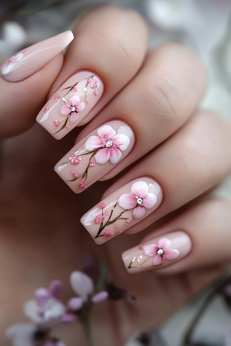 1. Blush Blossom Delight (Pink Flower Nail Design Ideas) - Pink Flower Nail Design Ideas