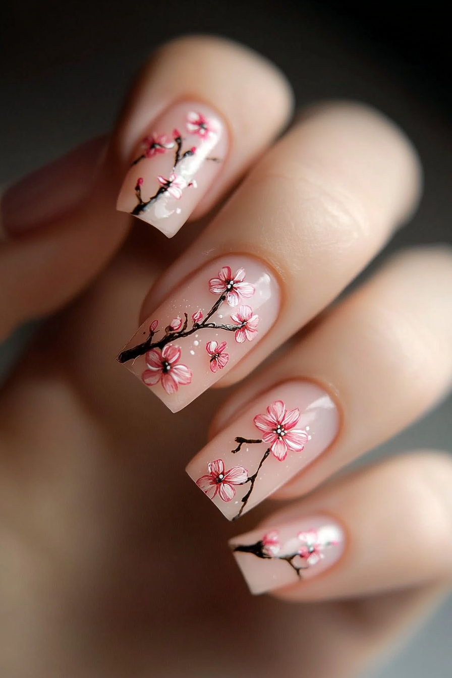 4. Cherry Bloom Elegance (Pink Flower Nail Design Ideas) - Pink Flower Nail Design Ideas