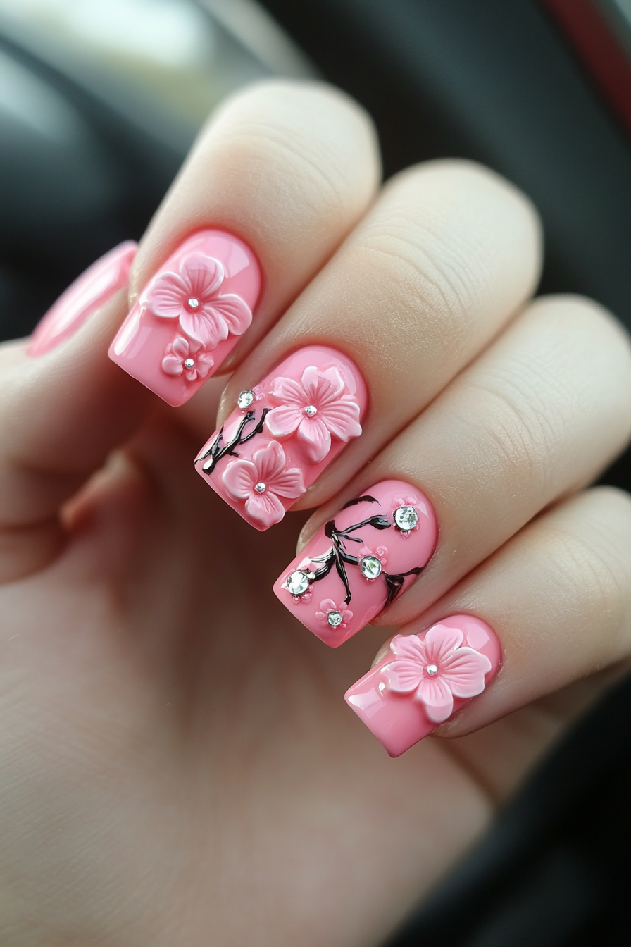 5. Bubblegum Floral Fantasy (Pink Flower Nail Design Ideas) - Pink Flower Nail Design Ideas