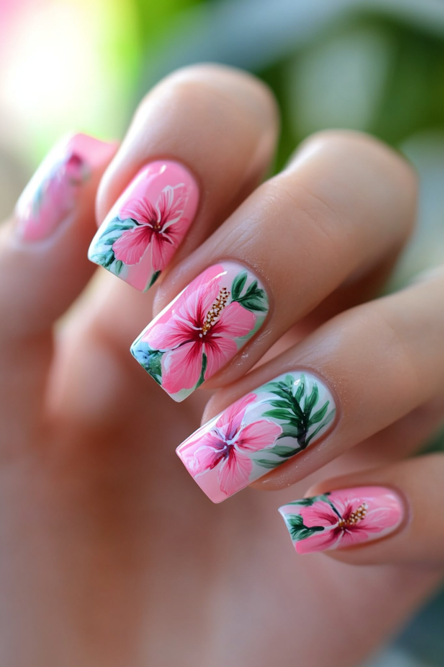 11. Pink Hibiscus Dream (Pink Flower Nail Design Ideas) - Pink Flower Nail Design Ideas
