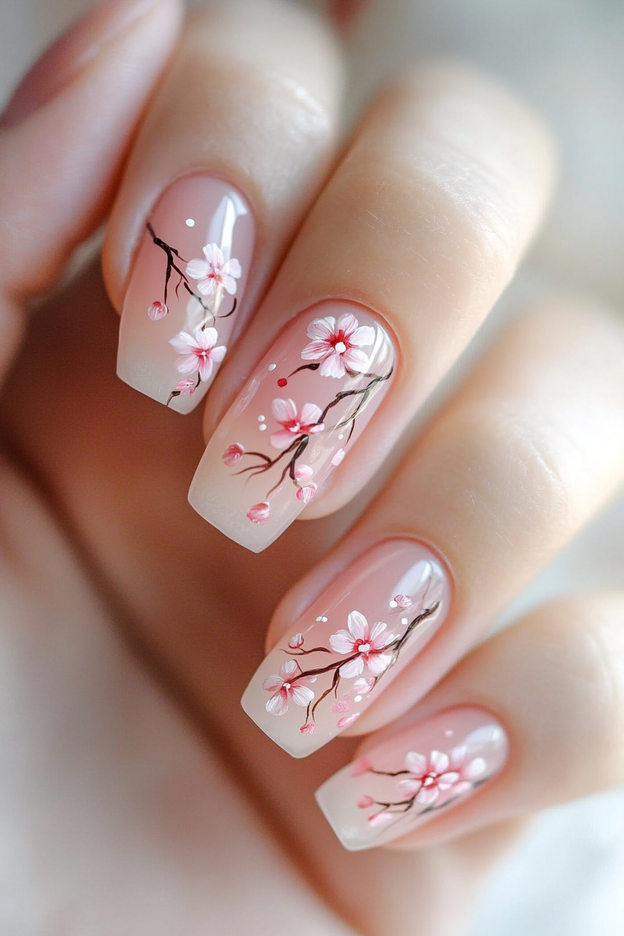 12. Sakura Whisper (Pink Flower Nail Design Ideas) - Pink Flower Nail Design Ideas