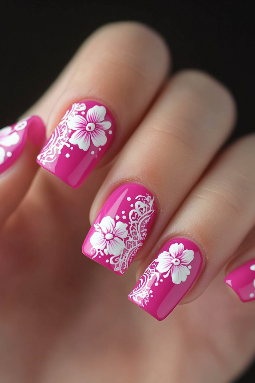 16. Magenta Floral Lace (Pink Flower Nail Design Ideas) - Pink Flower Nail Design Ideas