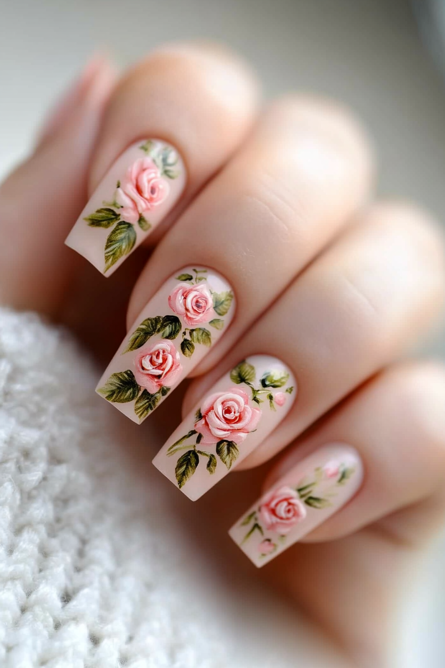 19. Soft Rosebud Art (Pink Flower Nail Design Ideas) - Pink Flower Nail Design Ideas