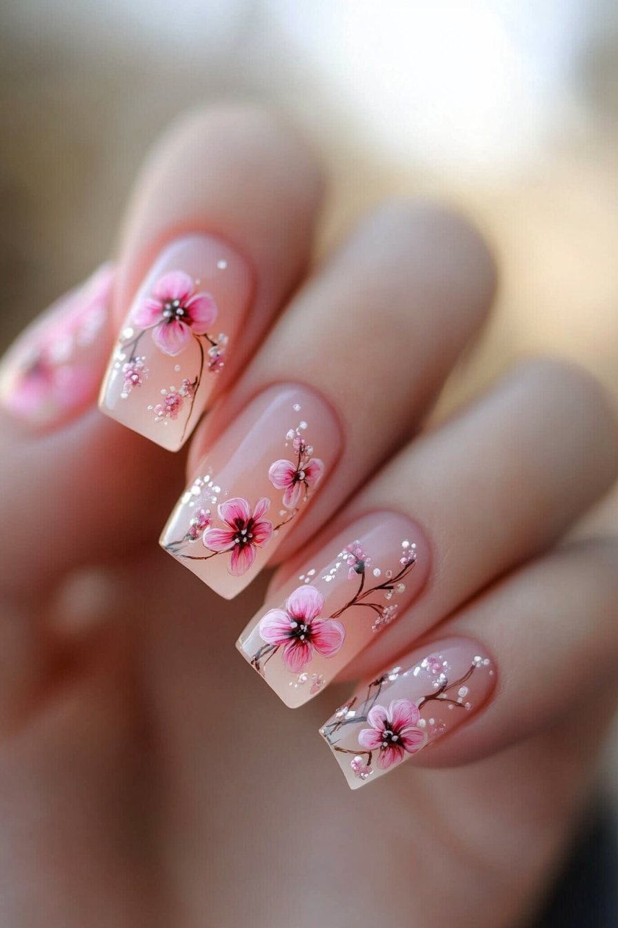 21. Delicate Blossom Frame (Pink Flower Nail Design Ideas) - Pink Flower Nail Design Ideas