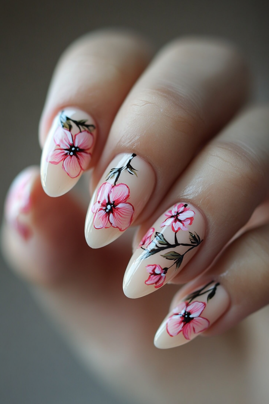 22. Elegant Floral Line Art (Pink Flower Nail Design Ideas) - Pink Flower Nail Design Ideas