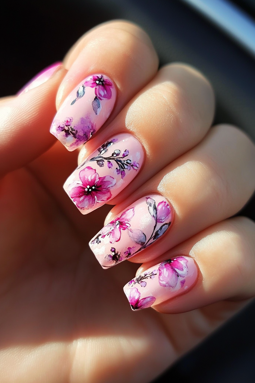 23. Watercolor Floral Mist (Pink Flower Nail Design Ideas) - Pink Flower Nail Design Ideas