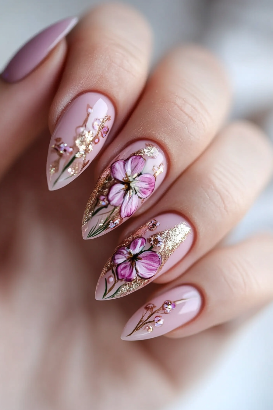 24. Metallic Pink Petal Shine (Pink Flower Nail Design Ideas) - Pink Flower Nail Design Ideas