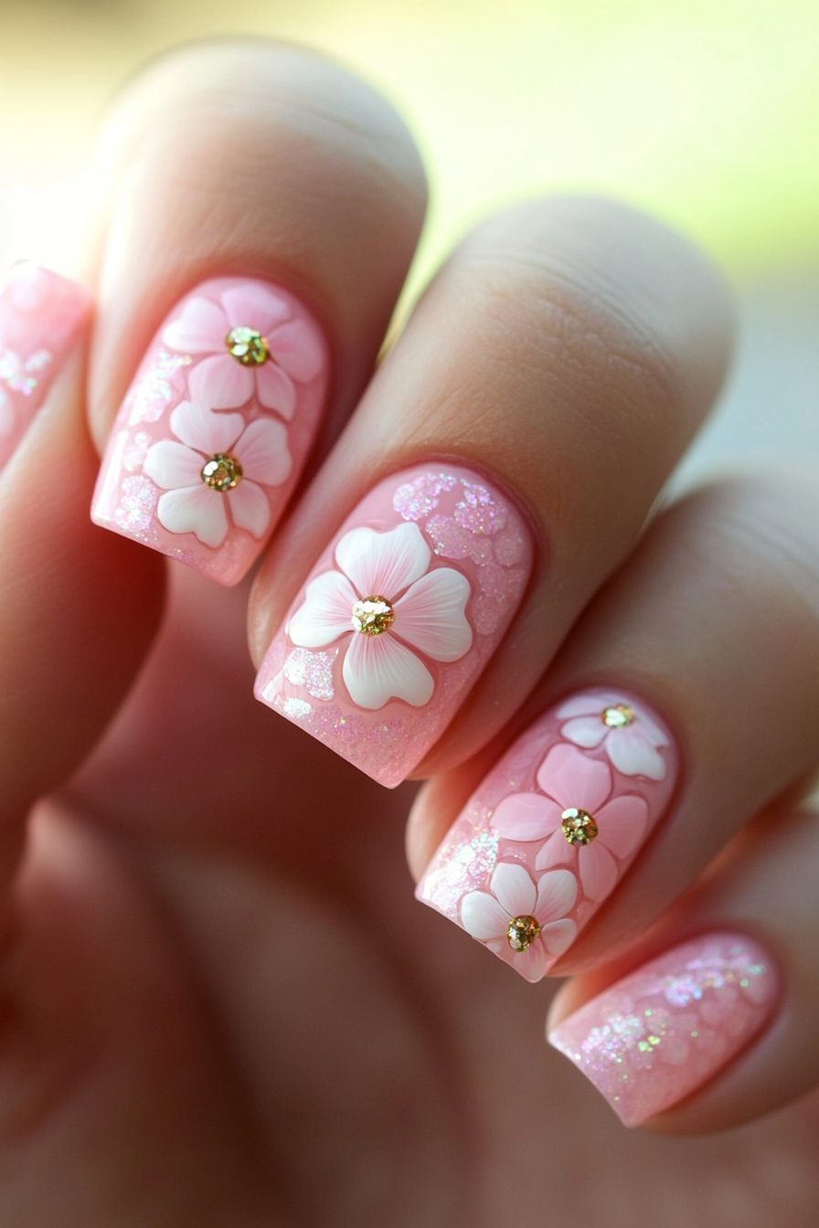 25. Blushing Bloom Glow (Pink Flower Nail Design Ideas) - Pink Flower Nail Design Ideas