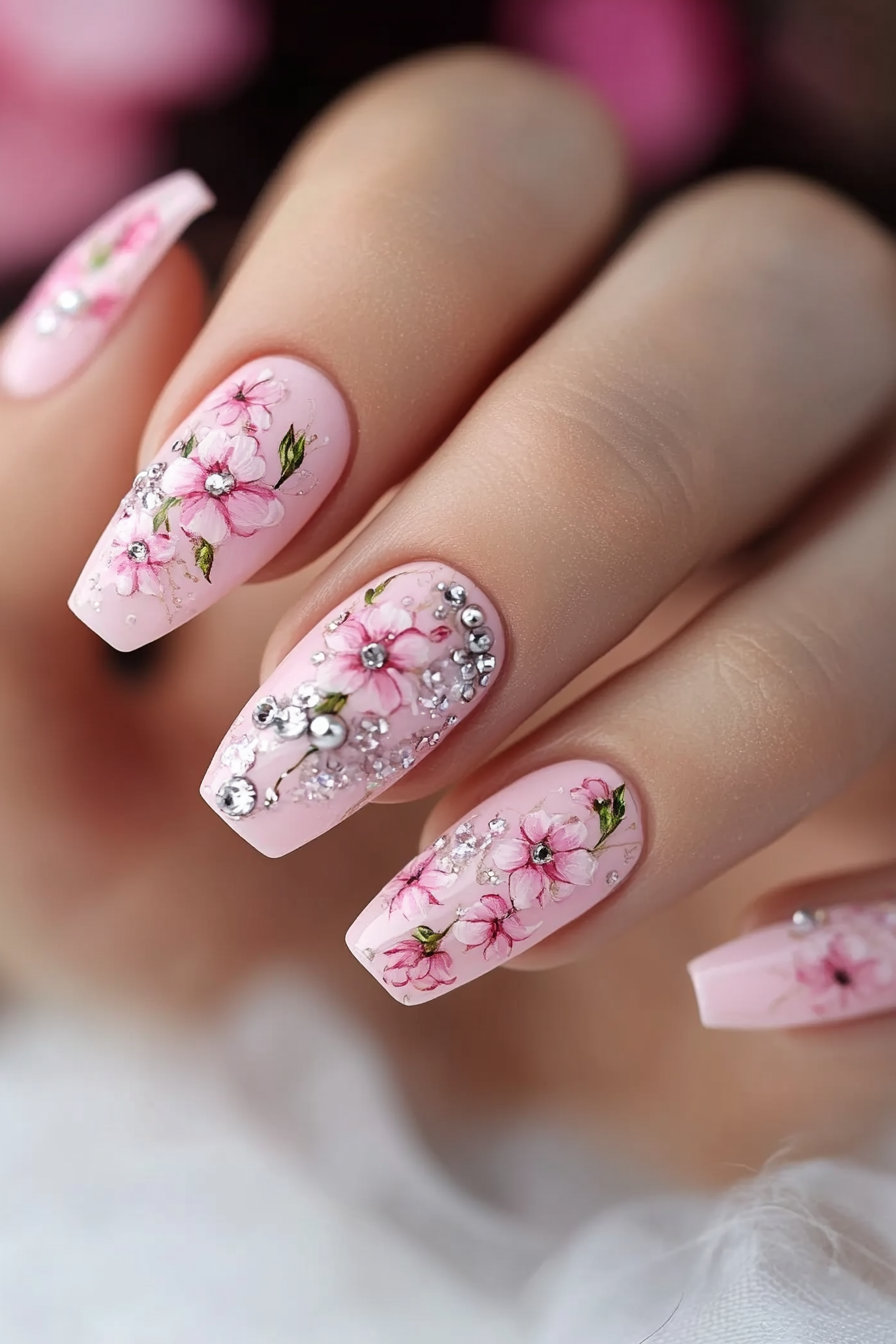 27. Rose Satin Garden (Pink Flower Nail Design Ideas) - Pink Flower Nail Design Ideas