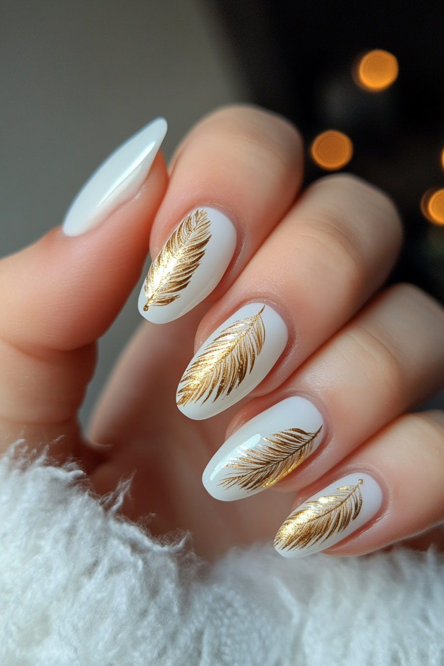 1. Golden Breeze Feather Nails (Feather Nail Design Ideas) - Feather Nail Design Ideas