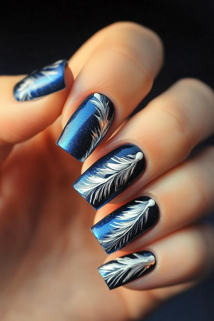 2. Sapphire Whisper Feathers (Feather Nail Design Ideas) - Feather Nail Design Ideas