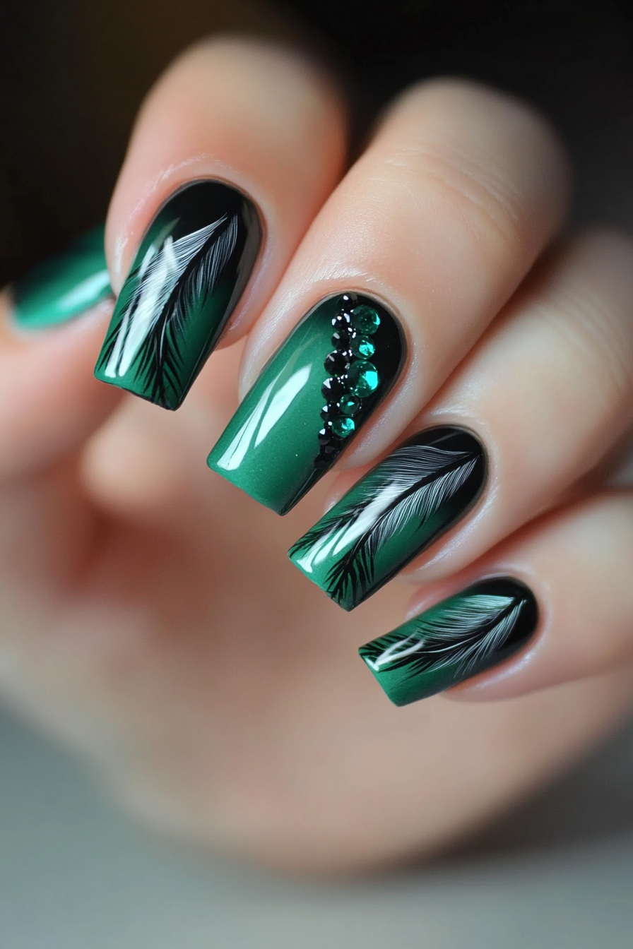 4. Emerald Feather Fantasy (Feather Nail Design Ideas) - Feather Nail Design Ideas