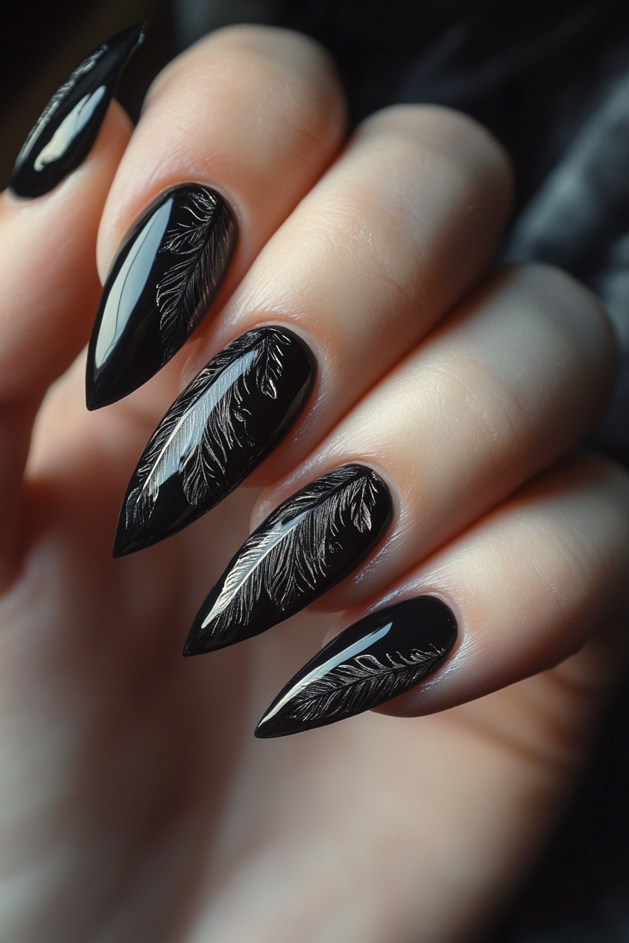 7. Mystic Black Feather Effect (Feather Nail Design Ideas) - Feather Nail Design Ideas