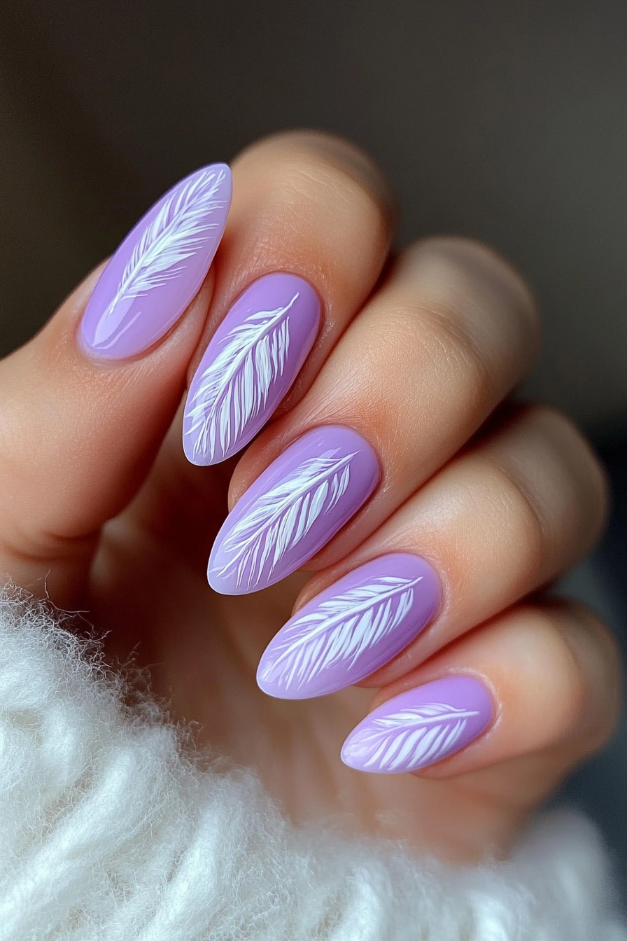 8. Lavender Whisper Feathers (Feather Nail Design Ideas) - Feather Nail Design Ideas