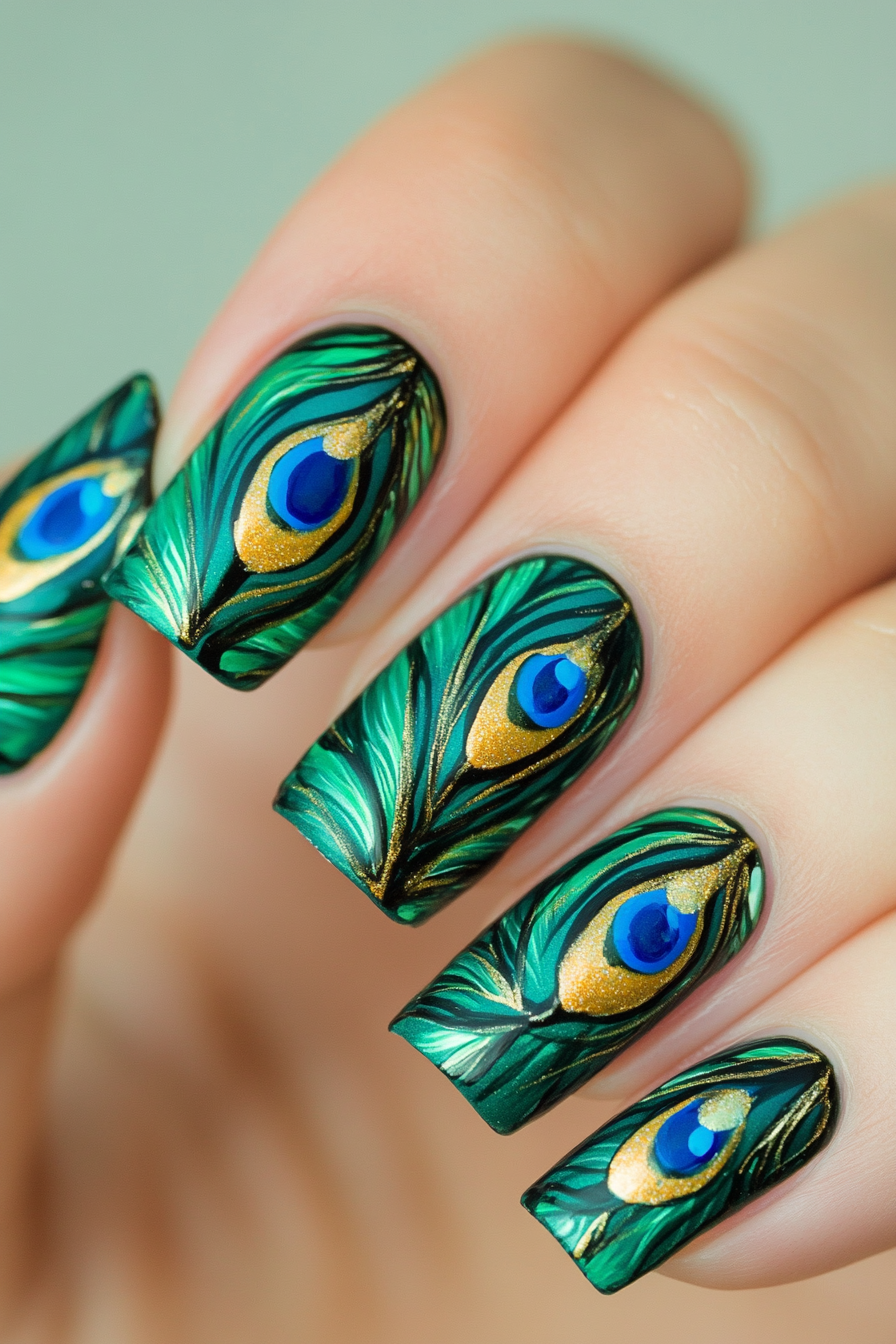 10. Peacock Feather Majesty (Feather Nail Design Ideas) - Feather Nail Design Ideas