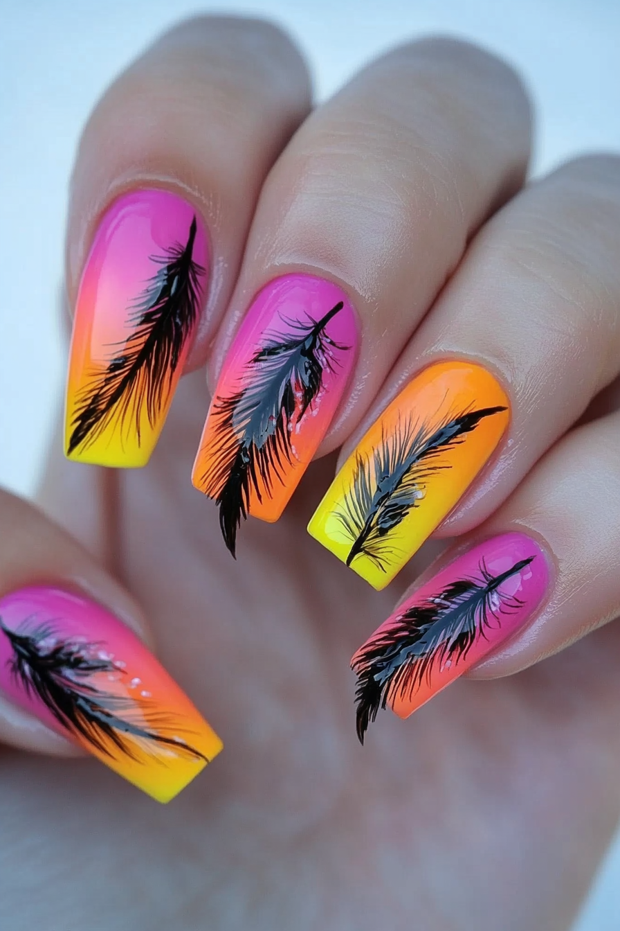 11. Sunset Feather Strokes (Feather Nail Design Ideas) - Feather Nail Design Ideas