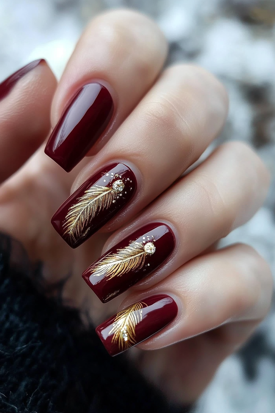 13. Burgundy Feather Glamour (Feather Nail Design Ideas) - Feather Nail Design Ideas
