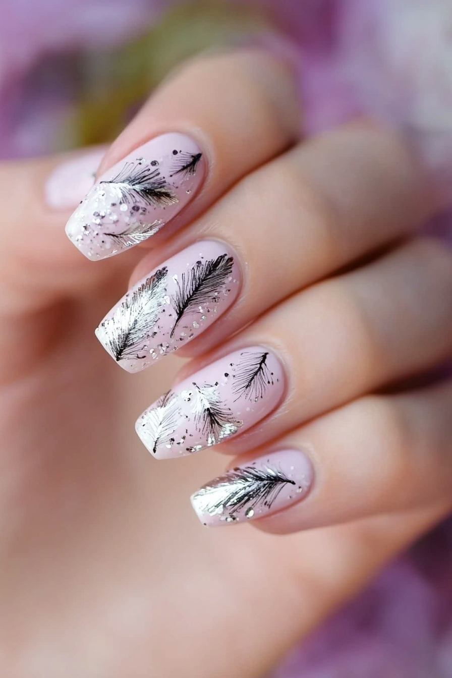 14. Silver Feather Accents on Lilac (Feather Nail Design Ideas) - Feather Nail Design Ideas