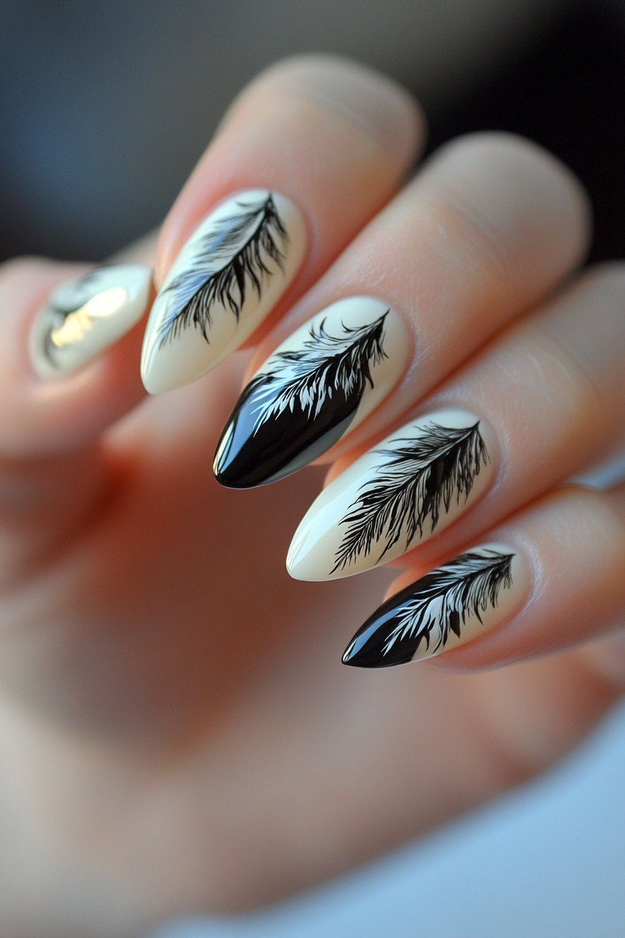 15. Monochrome Feather Art (Feather Nail Design Ideas) - Feather Nail Design Ideas