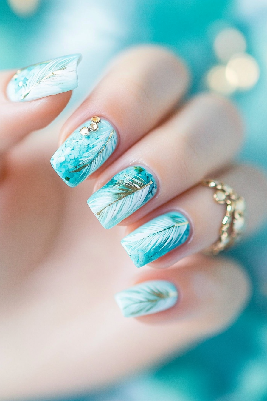 16. Turquoise Feather Waves (Feather Nail Design Ideas) - Feather Nail Design Ideas