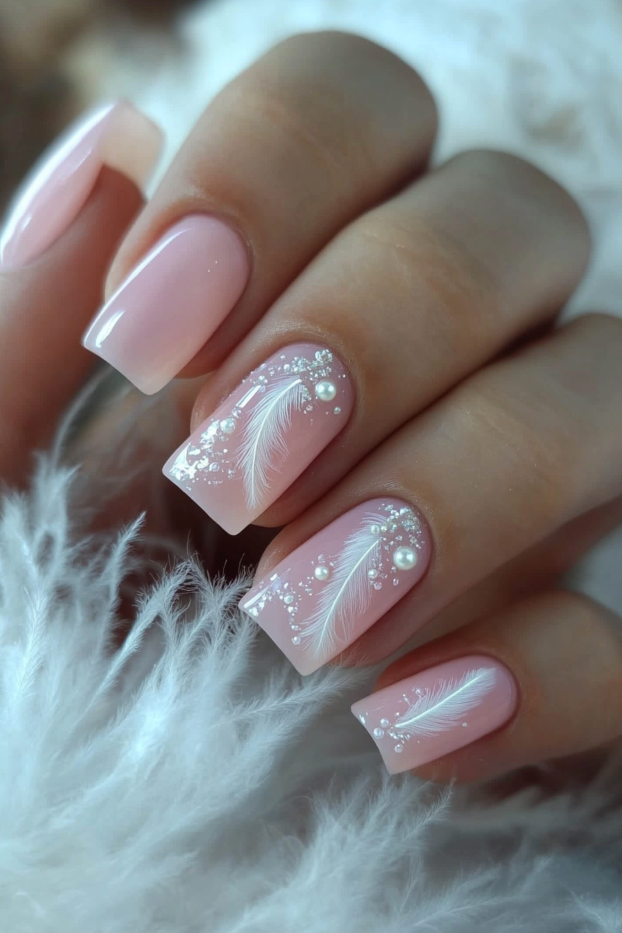 17. Pearl Feather Bliss (Feather Nail Design Ideas) - Feather Nail Design Ideas