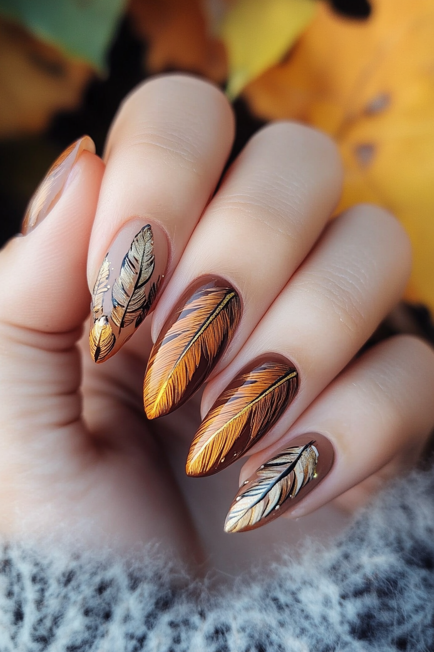 18. Autumn Feather Inspiration (Feather Nail Design Ideas) - Feather Nail Design Ideas