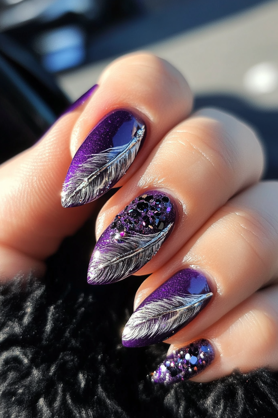 19. Shimmering Amethyst Feathers (Feather Nail Design Ideas) - Feather Nail Design Ideas