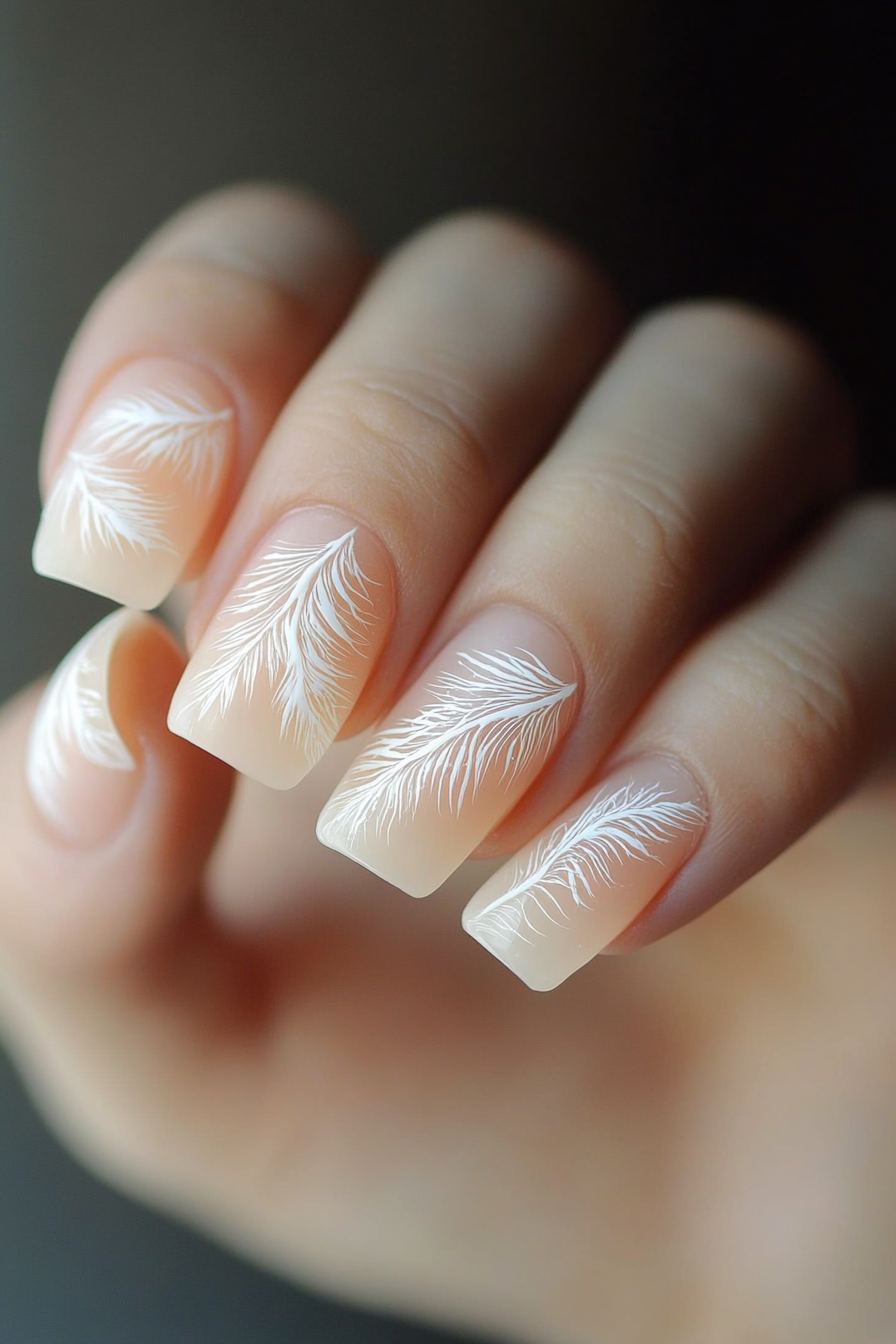 20. Minimalist Beige Feather Accents (Feather Nail Design Ideas) - Feather Nail Design Ideas