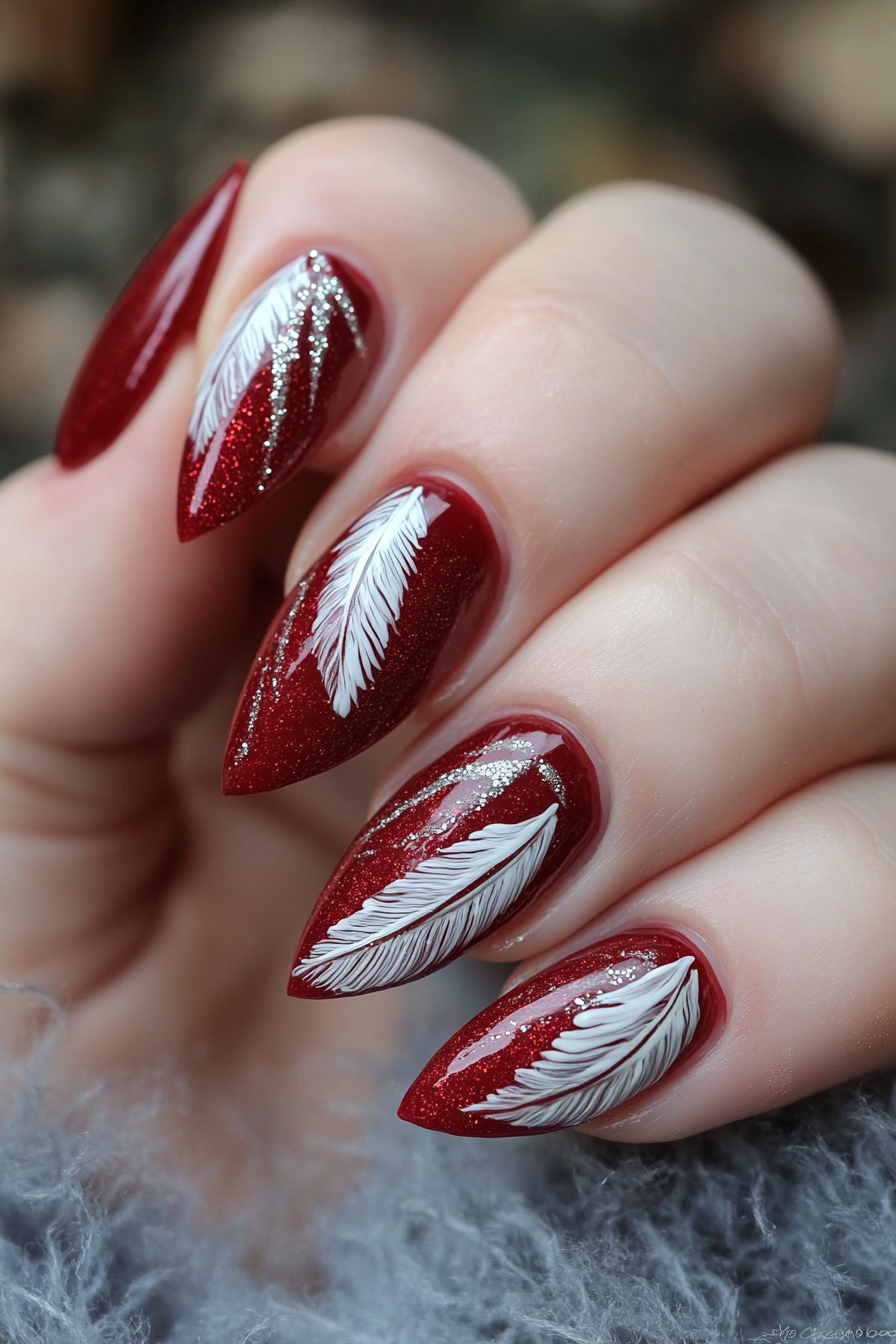 21. Ruby Feather Statement (Feather Nail Design Ideas) - Feather Nail Design Ideas