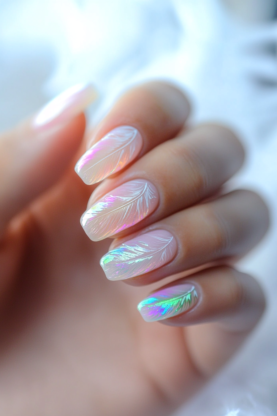 22. Opalescent Feather Touch (Feather Nail Design Ideas) - Feather Nail Design Ideas