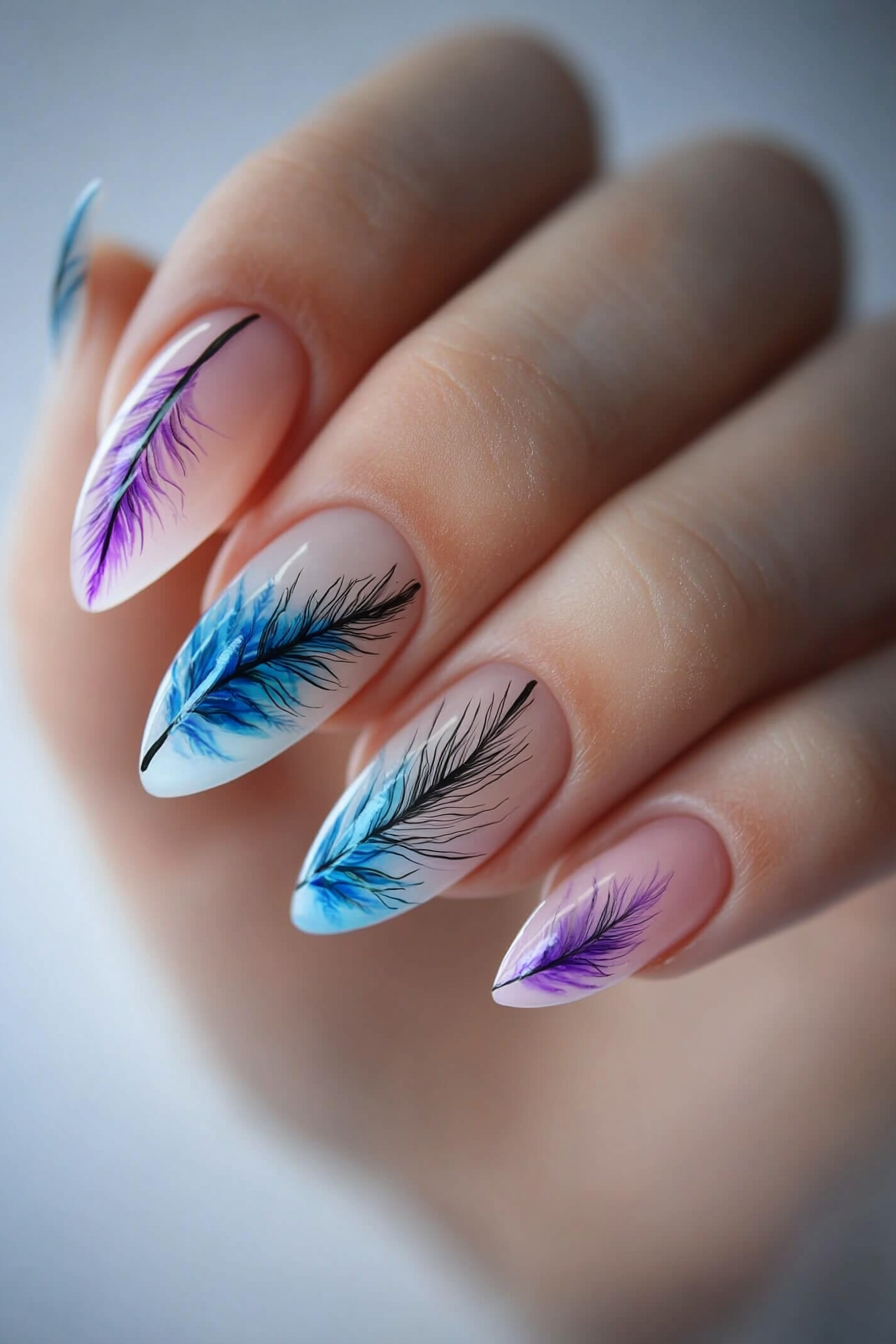 23. Pastel Feather Watercolor Effect (Feather Nail Design Ideas) - Feather Nail Design Ideas