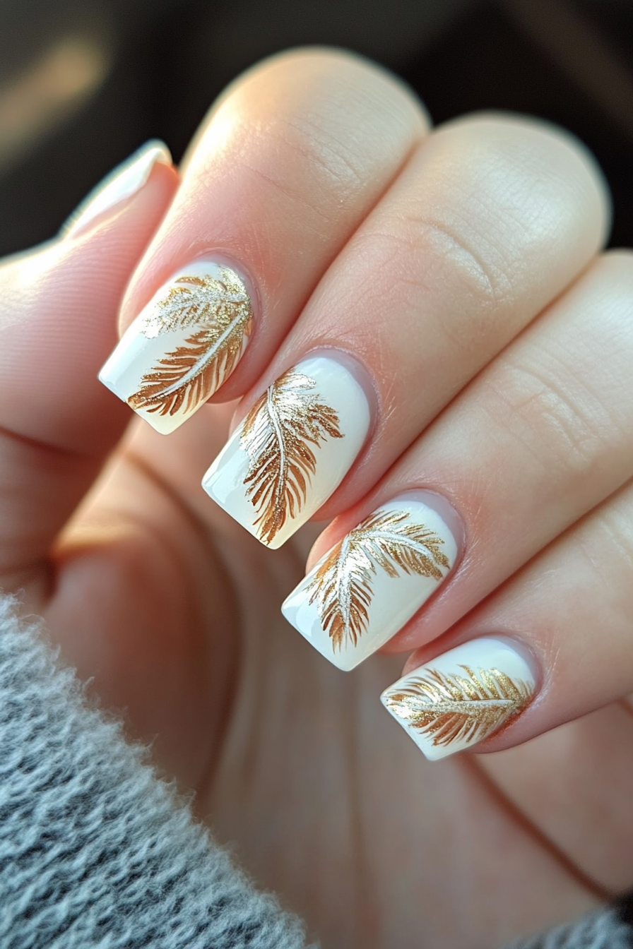 24. Ivory Feather Accents with Gold (Feather Nail Design Ideas) - Feather Nail Design Ideas