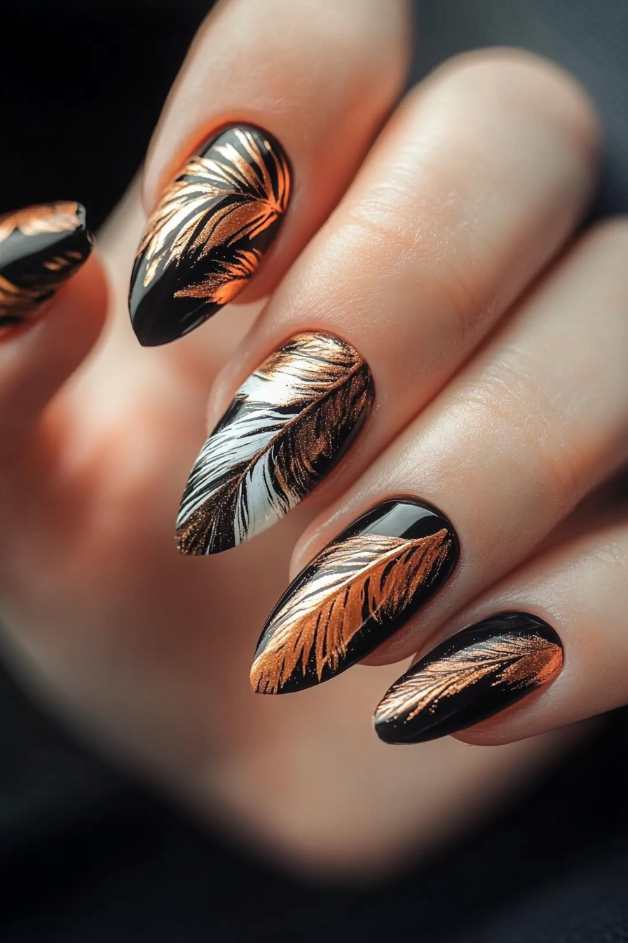 25. Metallic Feather Drama (Feather Nail Design Ideas) - Feather Nail Design Ideas