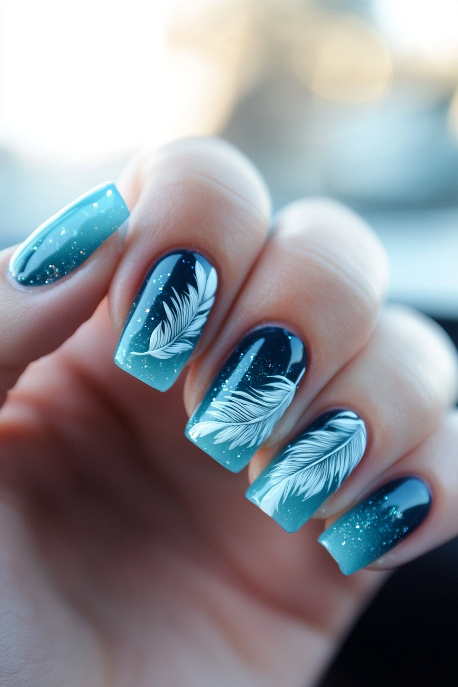 26. Ocean Breeze Feather Nails (Feather Nail Design Ideas) - Feather Nail Design Ideas