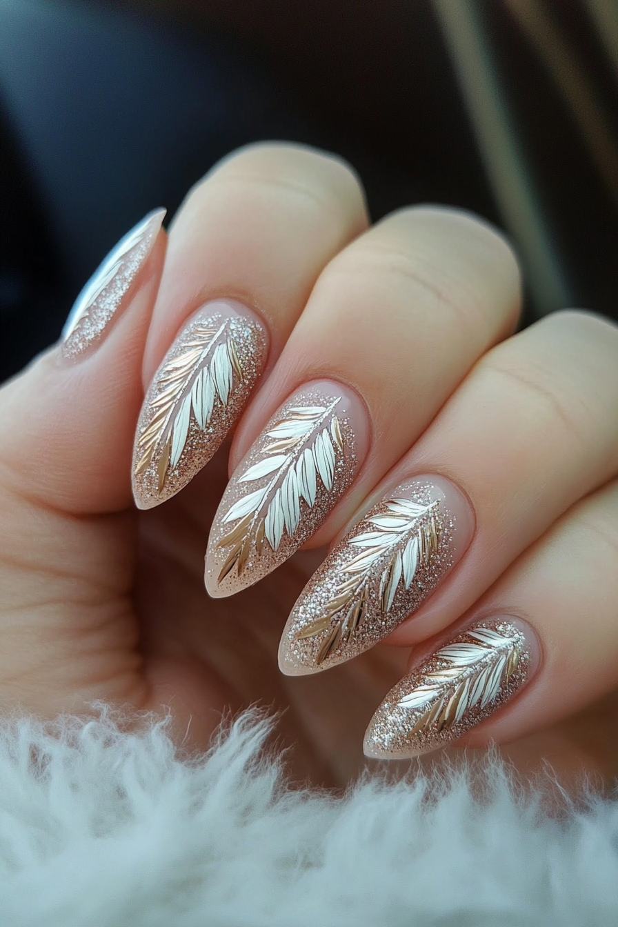 27. Romantic Rose Feather Design (Feather Nail Design Ideas) - Feather Nail Design Ideas