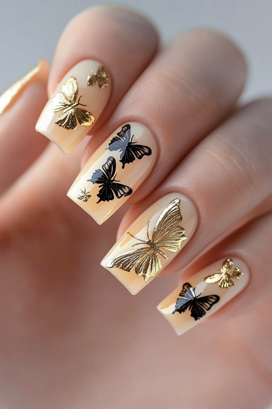 9. Golden Butterfly Flourish (Butterfly Nail Design Ideas) - Butterfly Nail Design Ideas