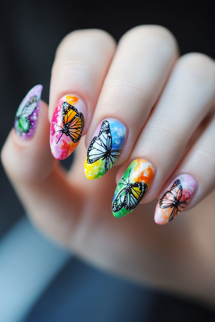 12. Rainbow Butterfly Mosaic (Butterfly Nail Design Ideas) - Butterfly Nail Design Ideas