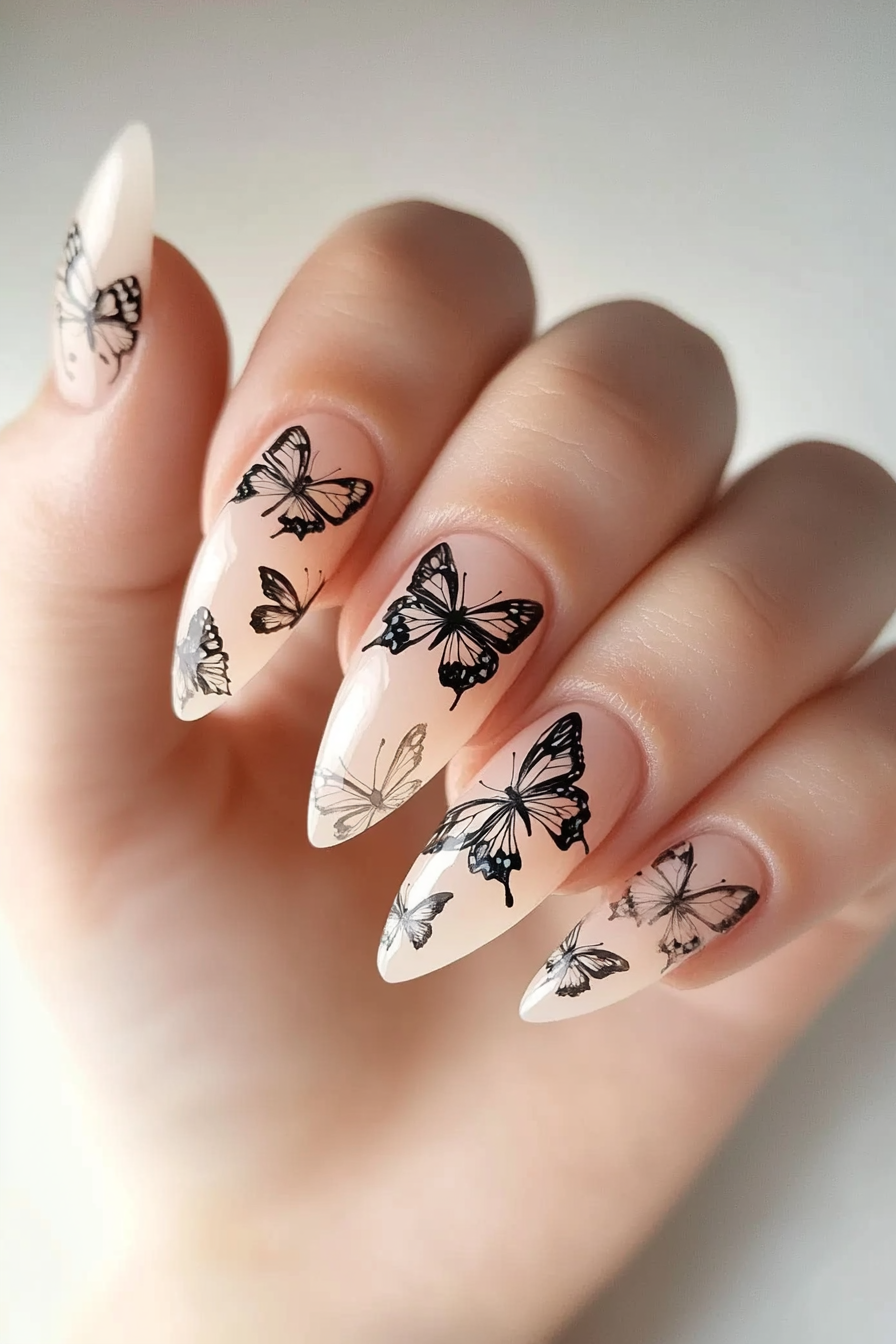 16. Black and White Minimalism (Butterfly Nail Design Ideas) - Butterfly Nail Design Ideas