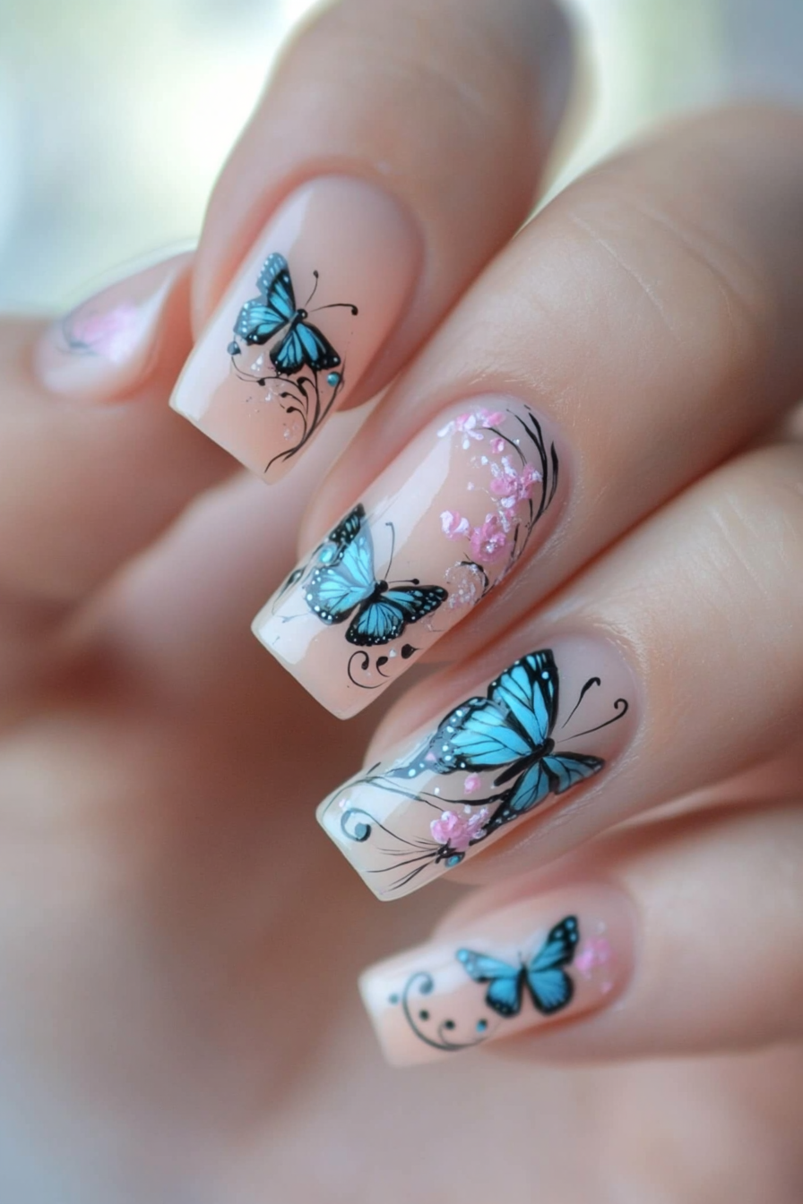 18. Soft Butterfly Swirls (Butterfly Nail Design Ideas) - Butterfly Nail Design Ideas