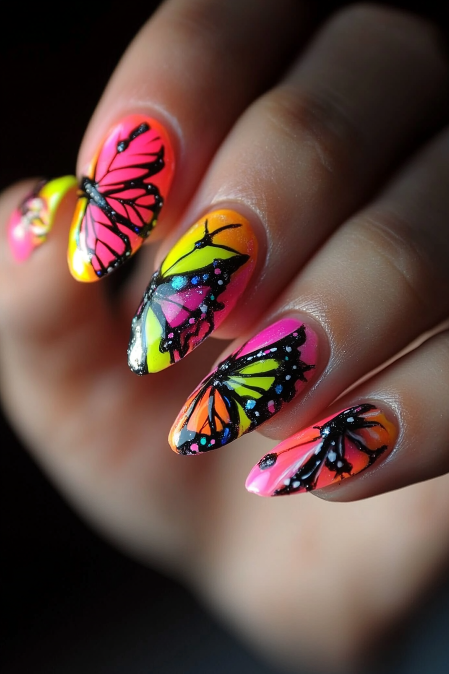 19. Neon Butterfly Pop (Butterfly Nail Design Ideas) - Butterfly Nail Design Ideas