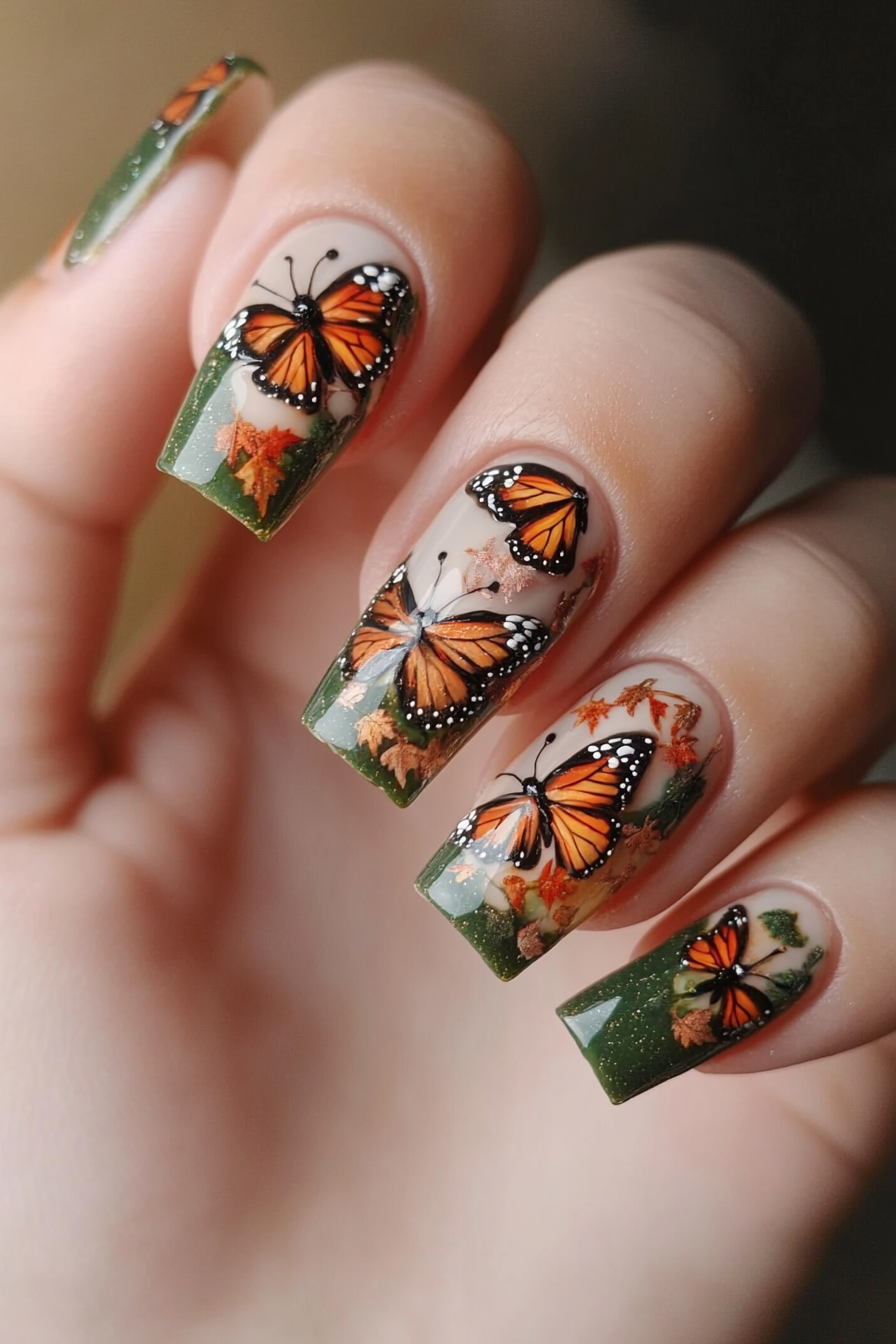 20. Autumn Butterfly Garden (Butterfly Nail Design Ideas) - Butterfly Nail Design Ideas