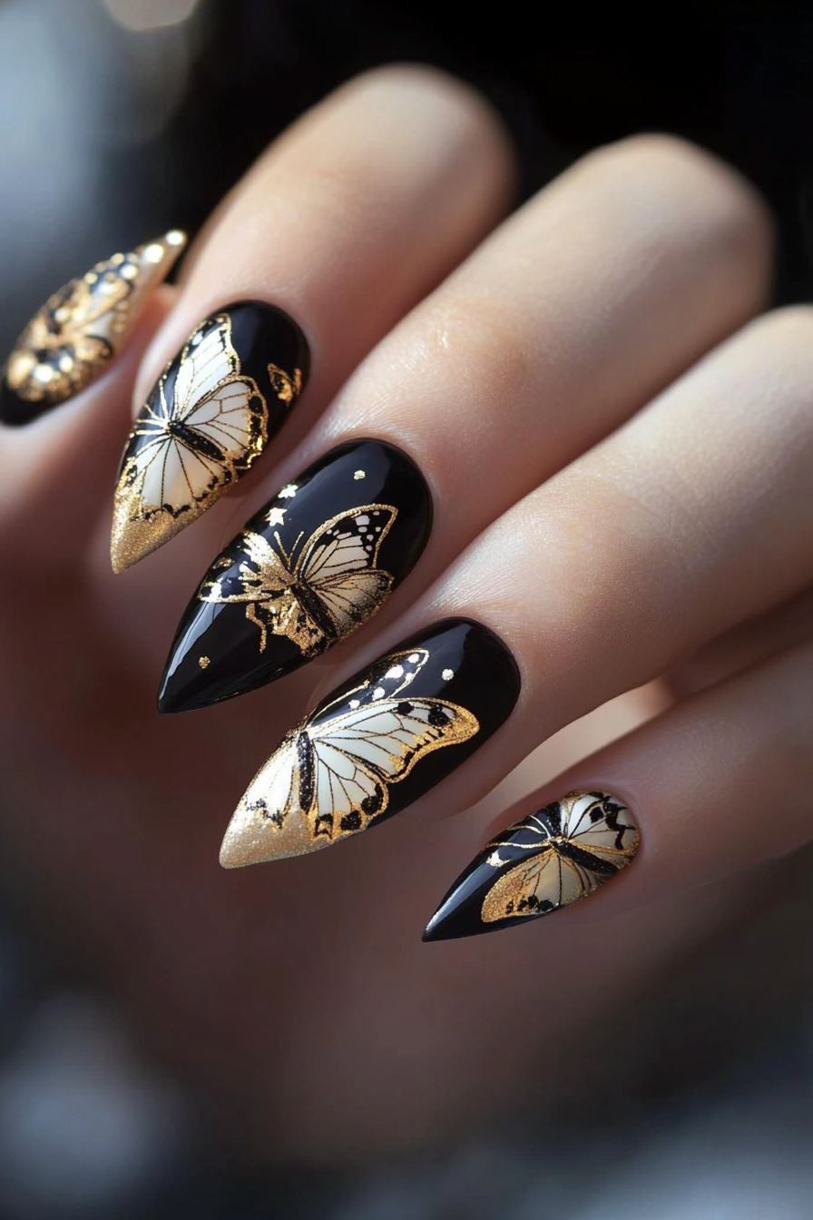 21. Black and Gold Butterfly Elegance (Butterfly Nail Design Ideas) - Butterfly Nail Design Ideas