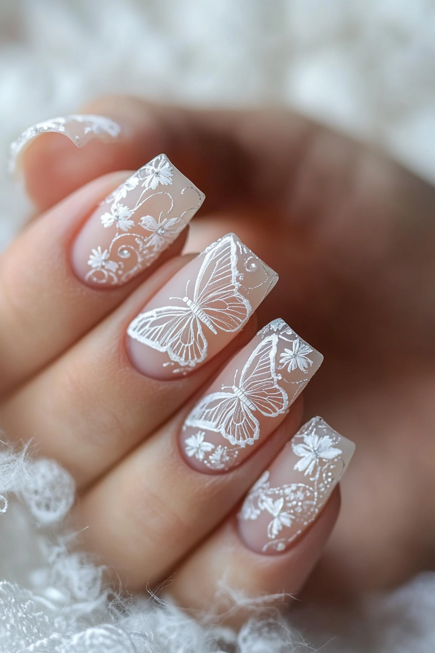 22. Lace Butterfly Wings (Butterfly Nail Design Ideas) - Butterfly Nail Design Ideas