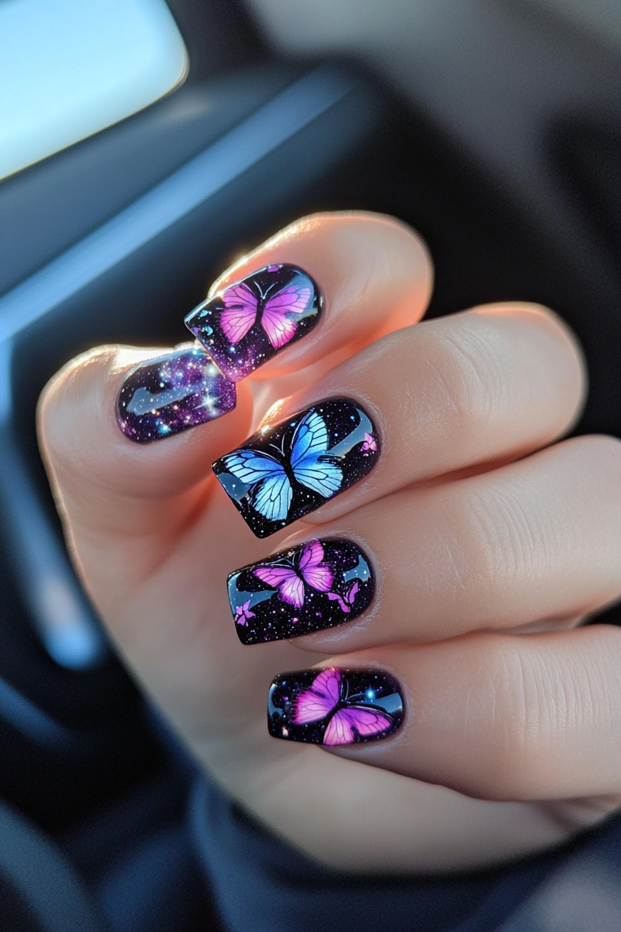 23. Butterfly Galaxy Nails (Butterfly Nail Design Ideas) - Butterfly Nail Design Ideas