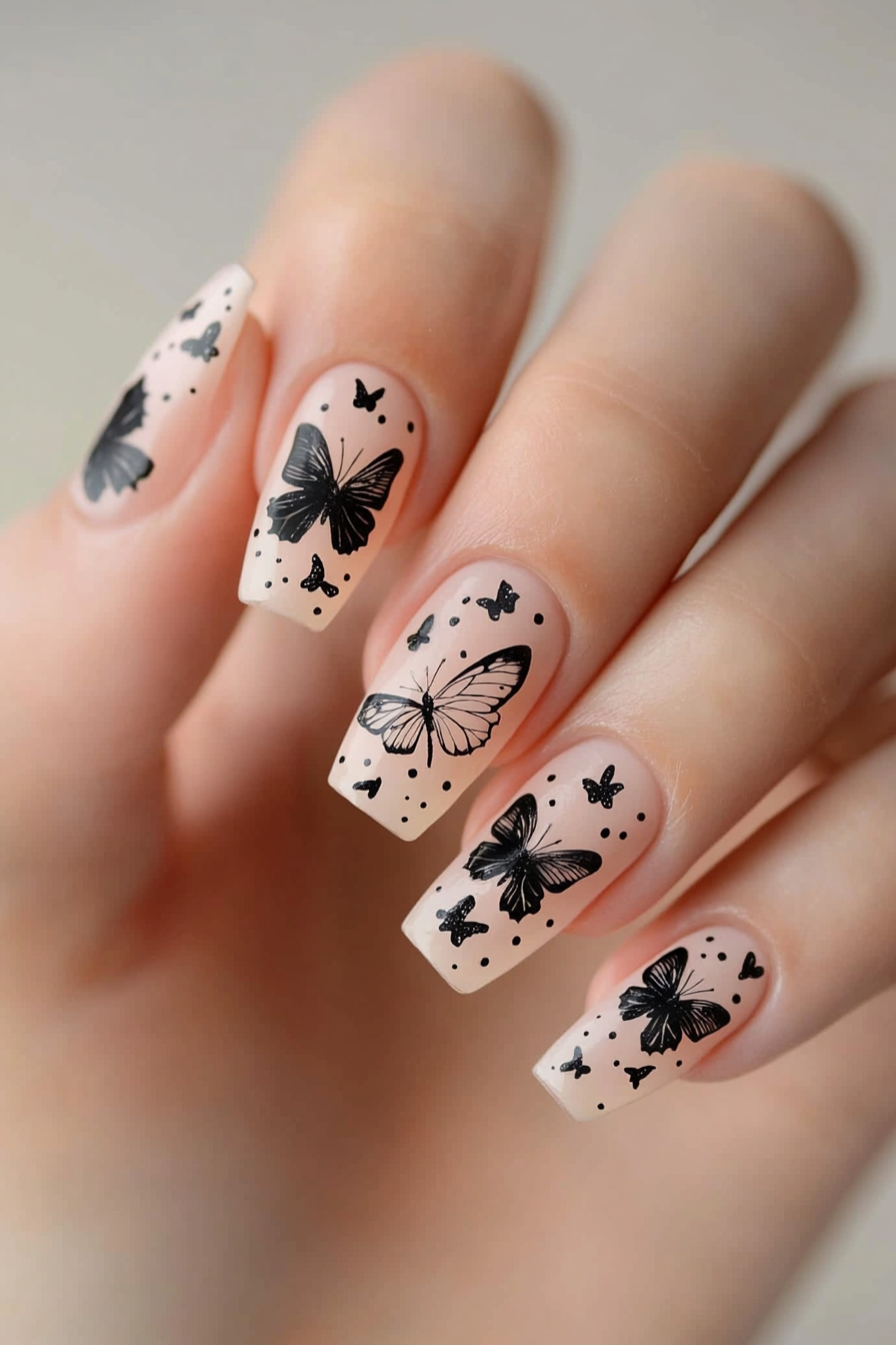 24. Dotted Butterfly Silhouettes (Butterfly Nail Design Ideas) - Butterfly Nail Design Ideas