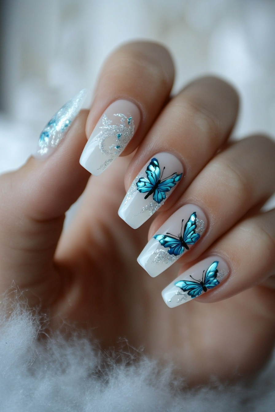 25. Frosted Butterfly Wings (Butterfly Nail Design Ideas) - Butterfly Nail Design Ideas